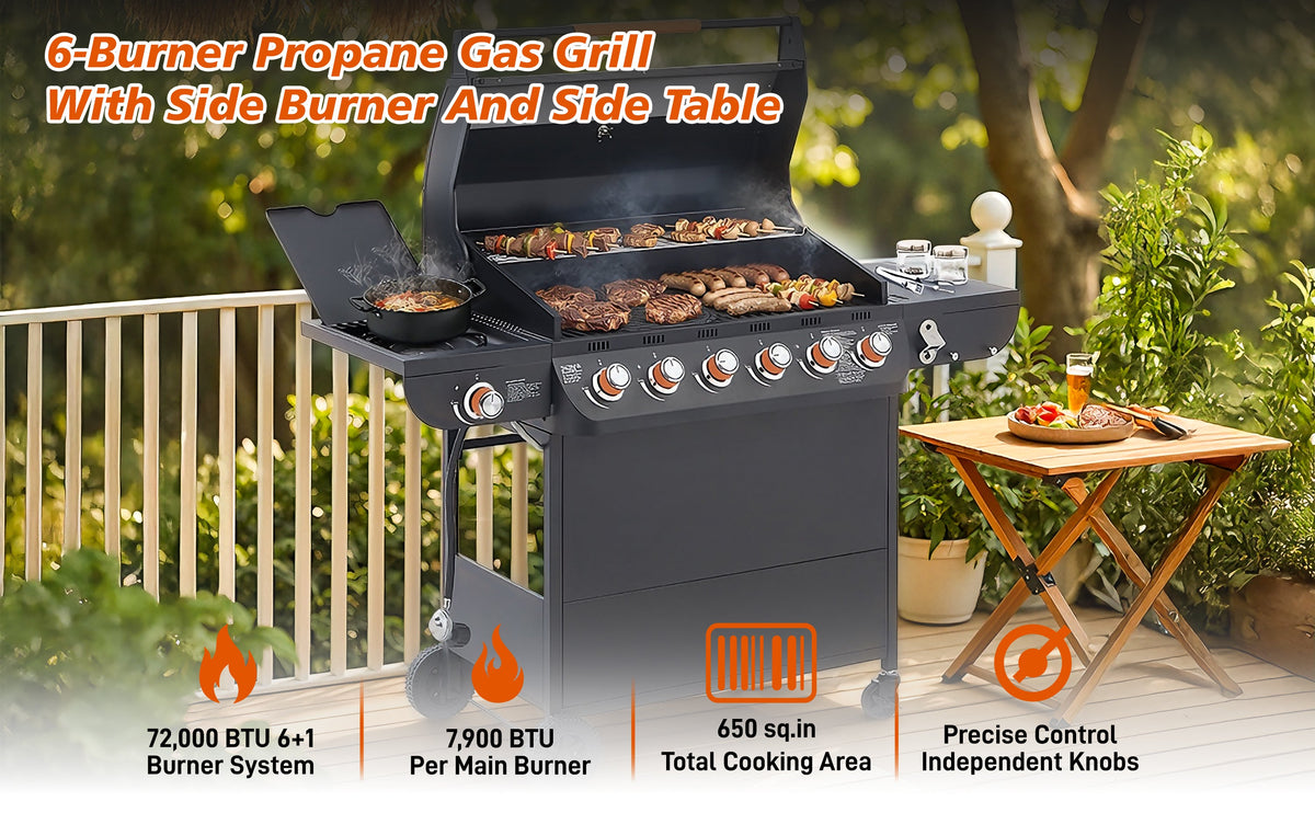 6 Burner Gas Grill with Side Burner - Black