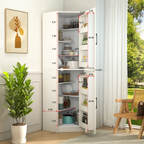 White Corner Kitchen Pantry Cabinet with Vertical Storage - White