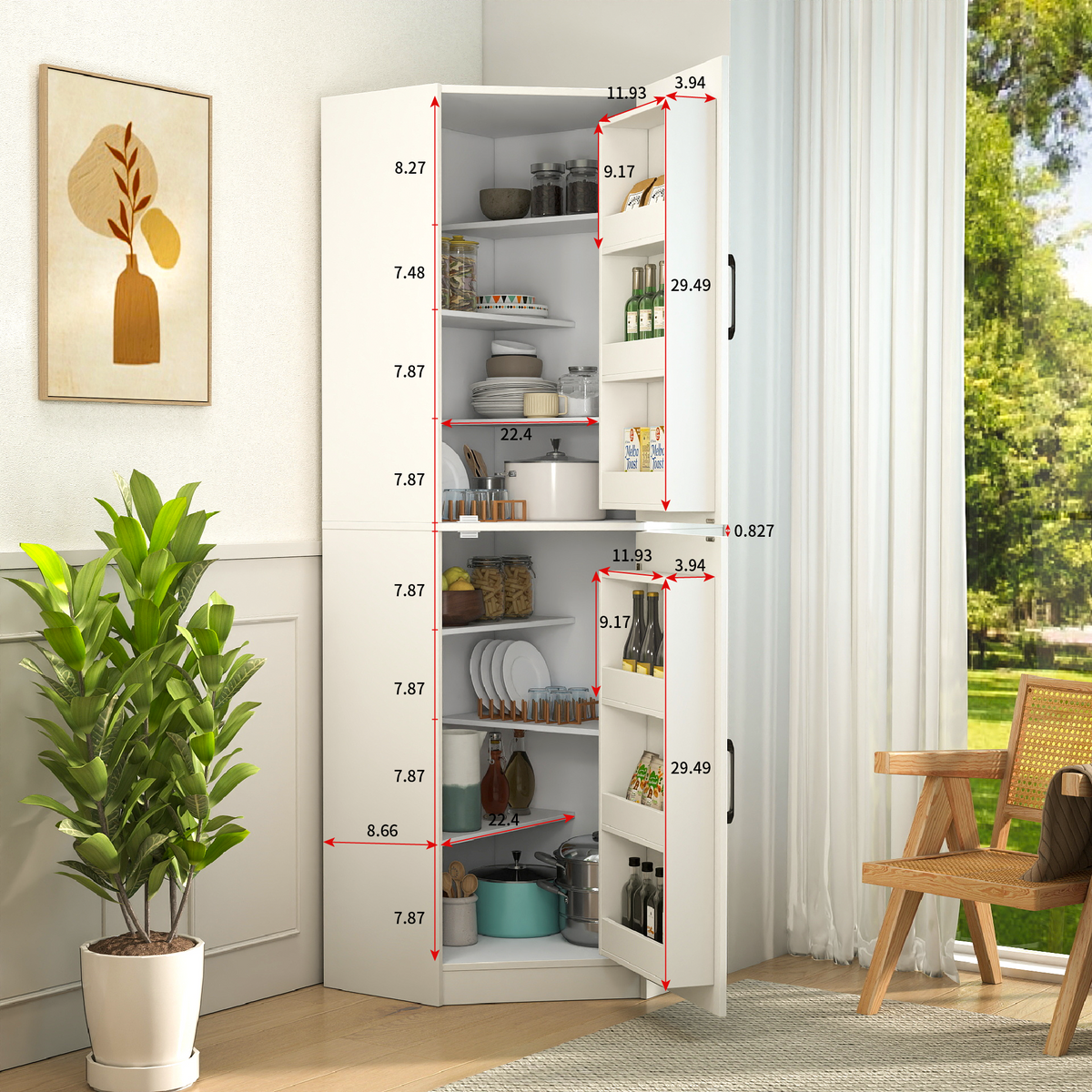 White Corner Kitchen Pantry Cabinet with Vertical Storage - White