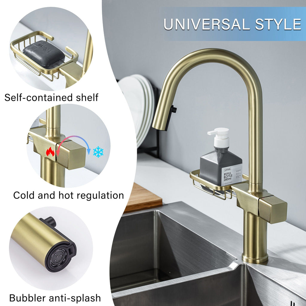 High Arc Pull Down Kitchen Faucet with Built-In Shelf - Pearl Silver or Gold