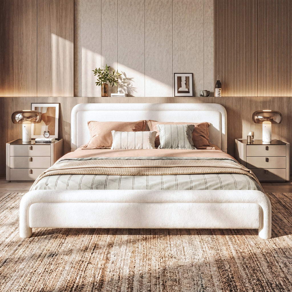 King Size Upholstered Platform Bed Frame with Curved Headboard - Boucle