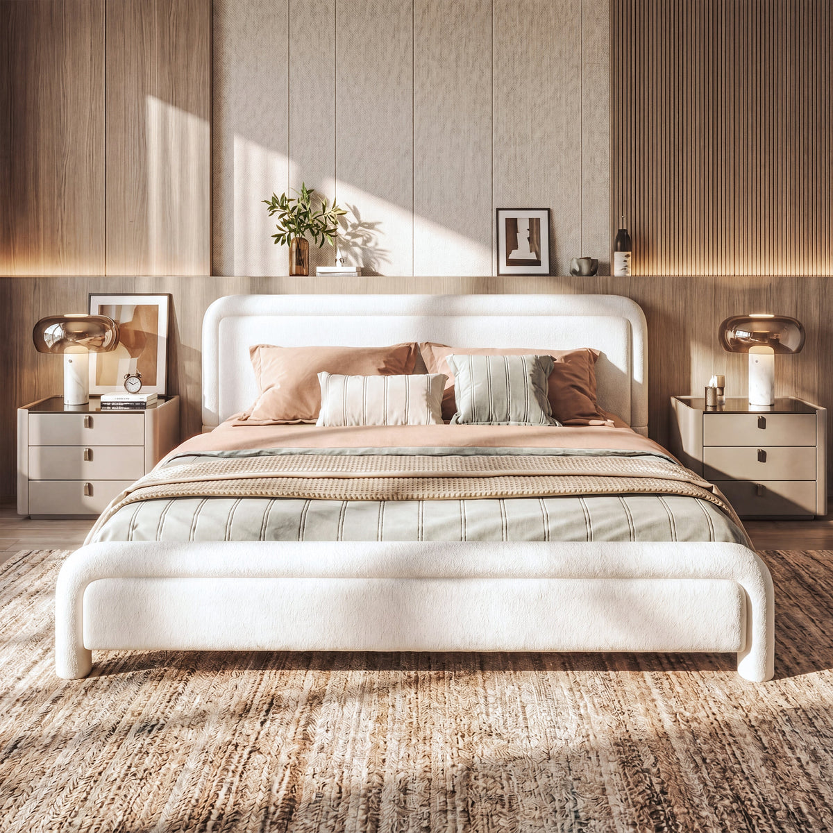 King Size Upholstered Platform Bed Frame with Curved Headboard - Boucle