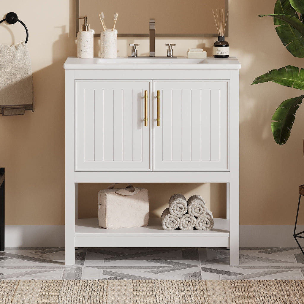 Elegant Bathroom Vanity with Ceramic Sink and Storage - White or Green