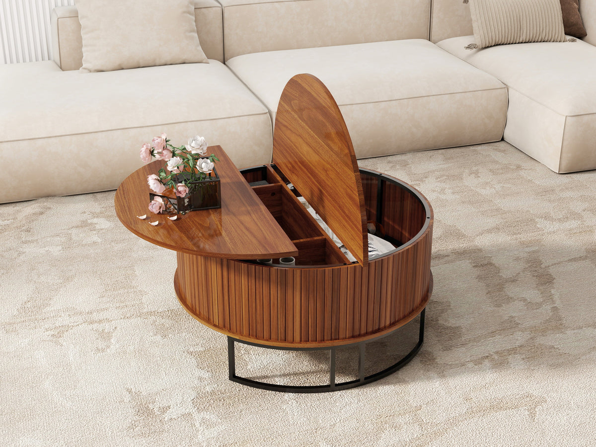 31.5" Round Coffee Table with Fluted Lift-Top Storage - Walnut