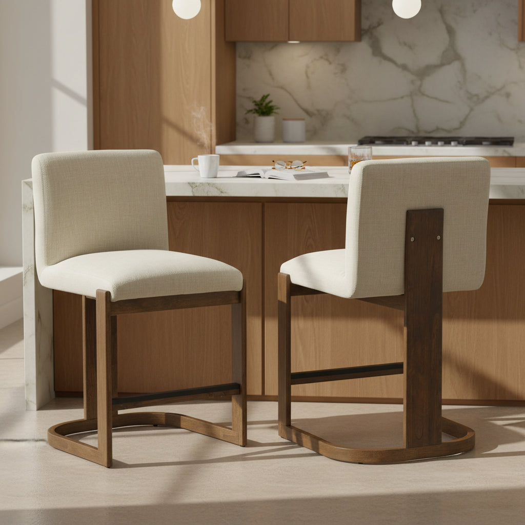 Modern Bar Stools Set of 2 with Plush Polyester Cushion - Walnut & Beige