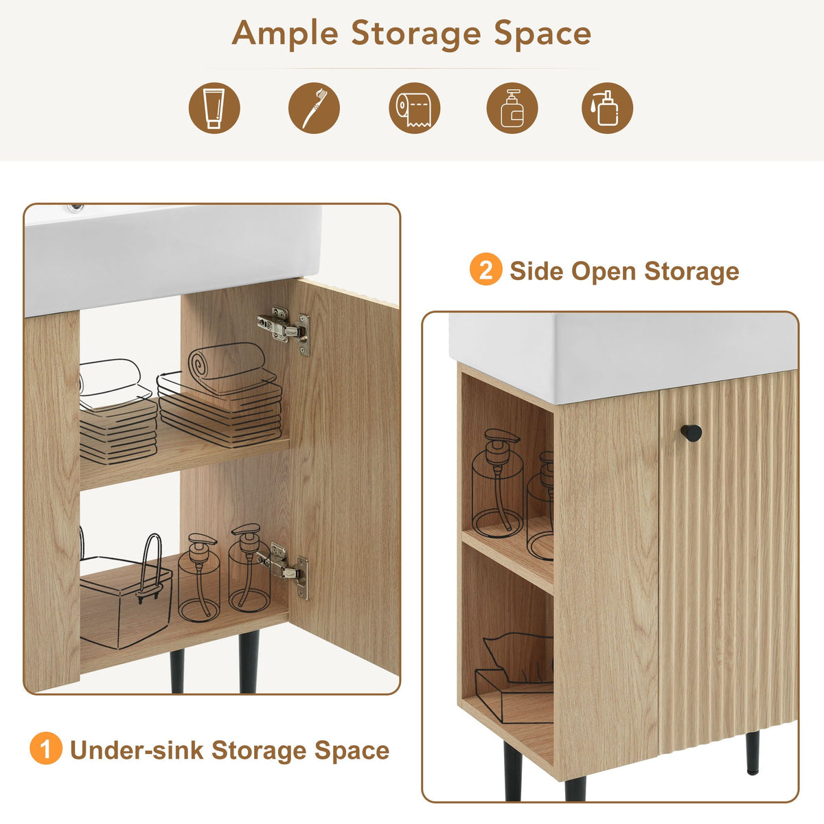 Bathroom Vanity with Single Ceramic Sink and Side Storage - Multiple Colors