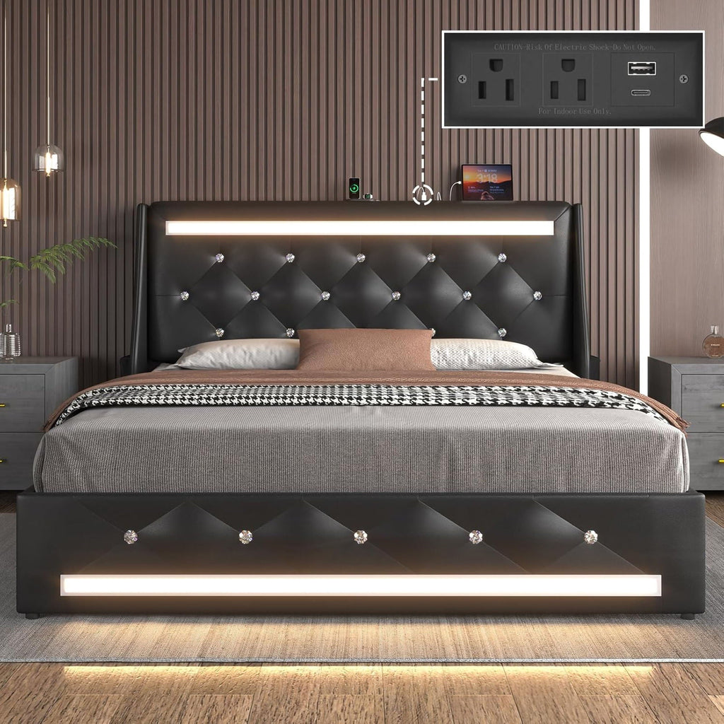 Wingback Upholstered Bed Frame with LED Lights and Charging Station - Black or White