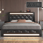 Wingback Upholstered Bed Frame with LED Lights and Charging Station - Black or White