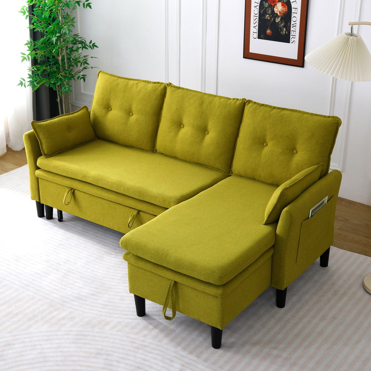 Reversible Chaise Sleeper Sectional Sofa with Storage - Cotton-Linen Upholstery