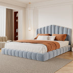 Velvet Upholstered Queen Bed with Shell-Shaped Headboard