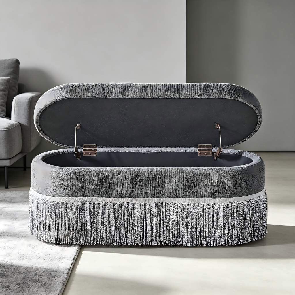 Oval Upholstered Storage Ottoman with Fringe Trim - Multi-Functional Ottoman