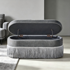 Oval Upholstered Storage Ottoman with Fringe Trim - Multi-Functional Ottoman