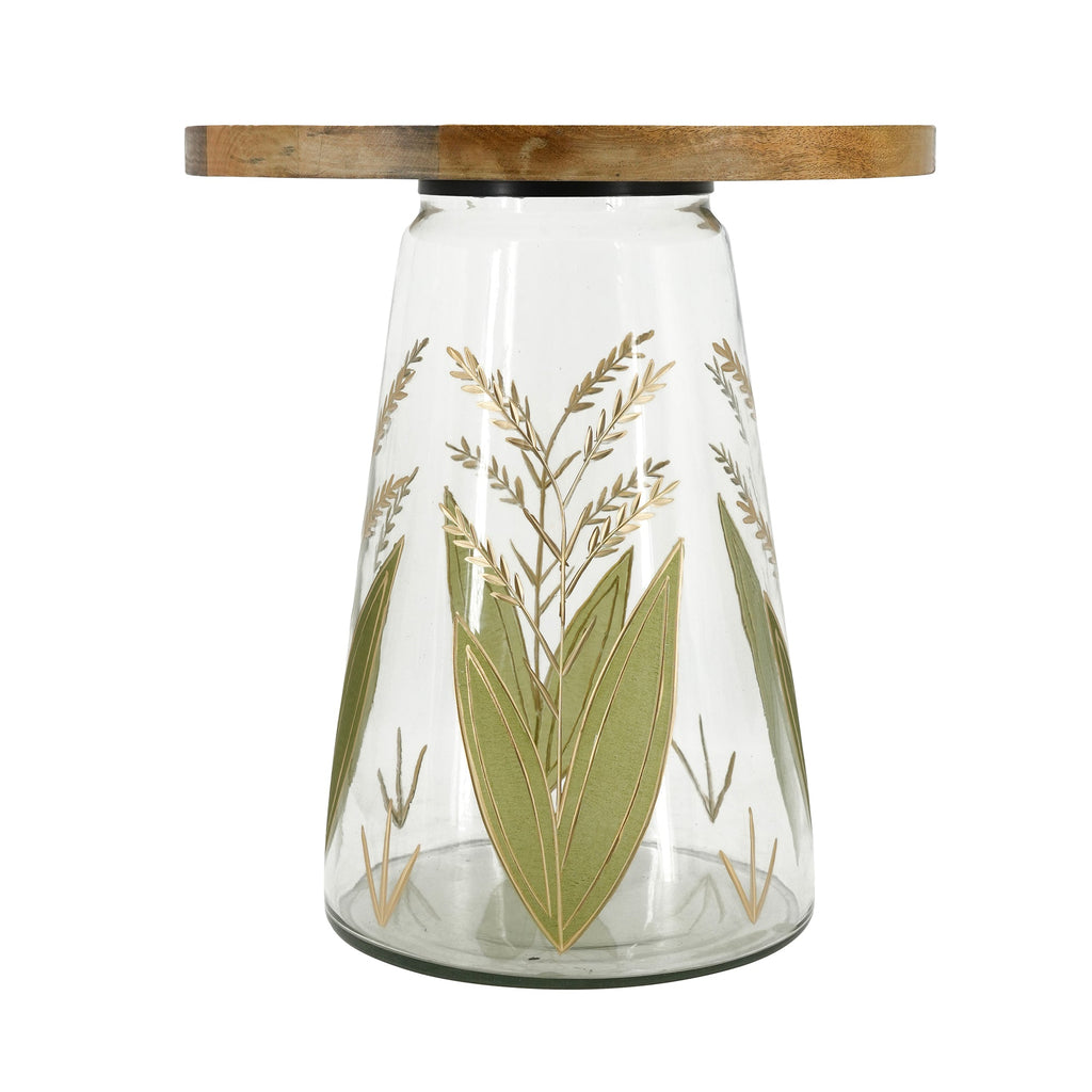 Round Glass Side Table with Hand-Painted Glass Base and Wood Top