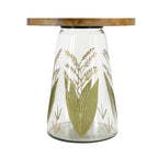 Round Glass Side Table with Hand-Painted Glass Base and Wood Top
