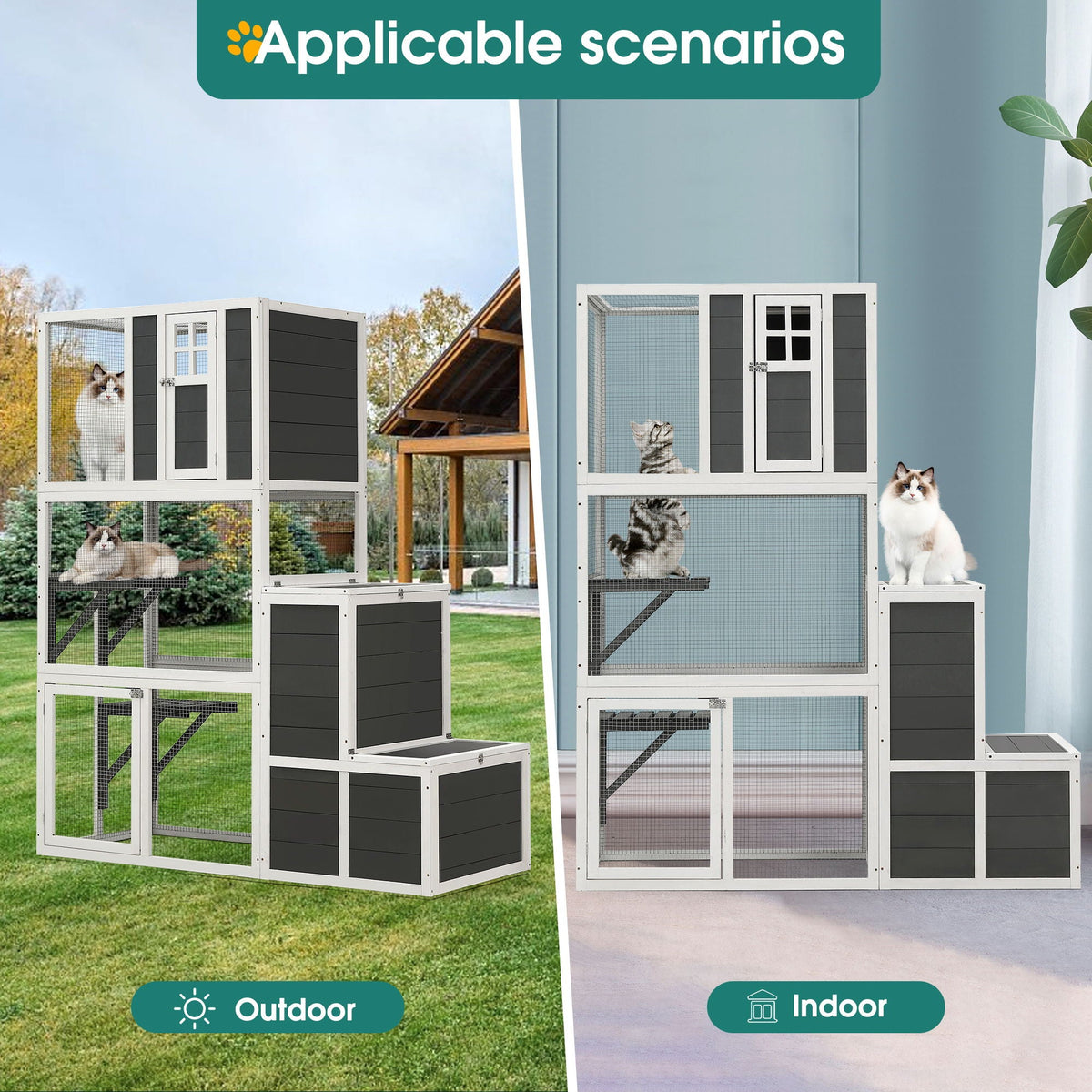 3 Tier Wooden Cat House with Platforms and Jump Box - Gray