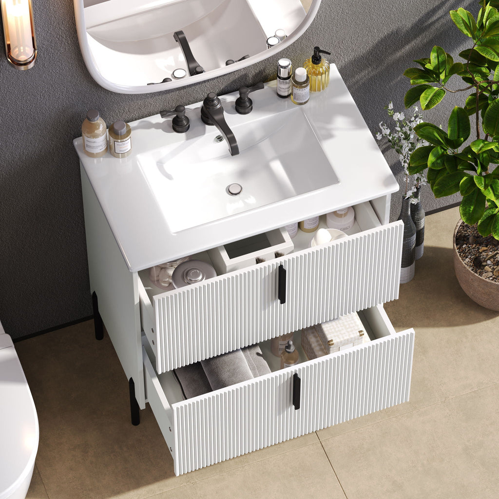 Bathroom Vanity With Ceramic Sink and Fluted Design - Dark Green, White, Light Brown