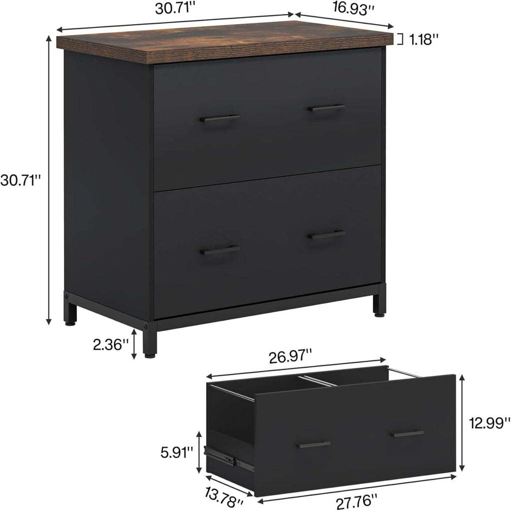 2 Drawer Lateral File Cabinet with Heavy Duty Steel Frame - Brown/Black