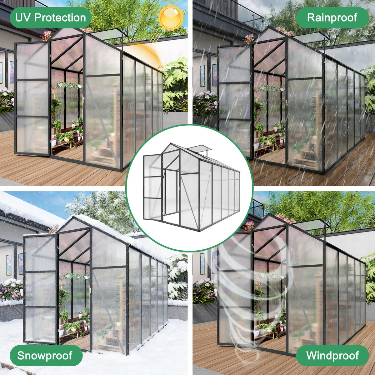 Windproof Greenhouse with Raised Base - Polycarbonate Panels - Black