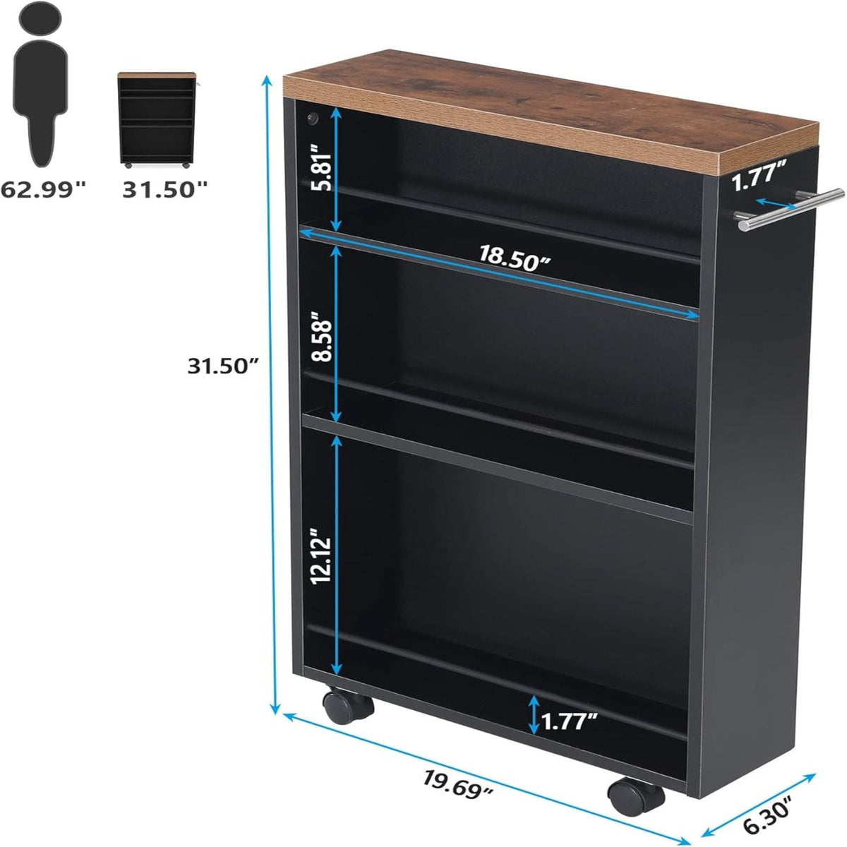 4 Tier Narrow Rolling Kitchen Slim Storage Cart with Locking Wheels – Black or White