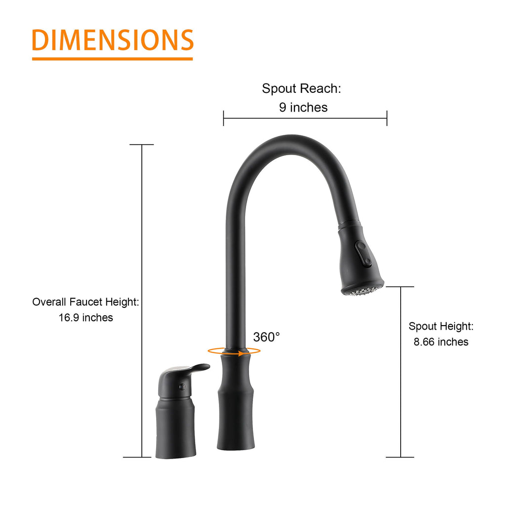 Matte Black Kitchen Sink Faucet with Pull Down Sprayer - Lead-Free Brass