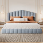 Velvet Upholstered Queen Bed with Shell-Shaped Headboard