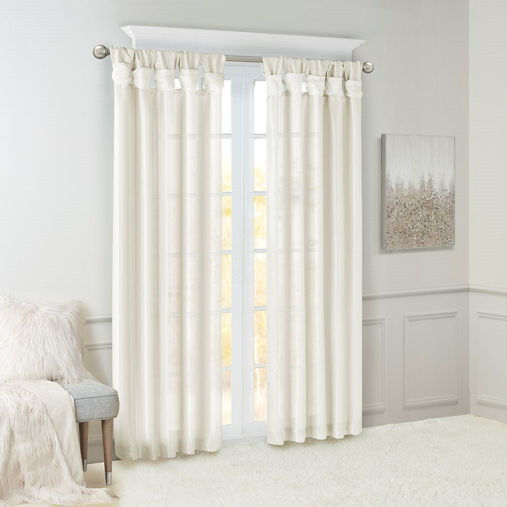Twist Tab Lined Window Curtain Panel with Faux Silk Sheen - White