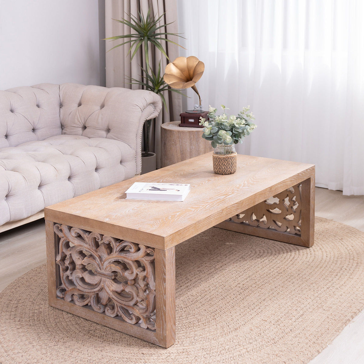 Rustic Carved Wood Coffee Table with Handcrafted Look - Light Brown or Black