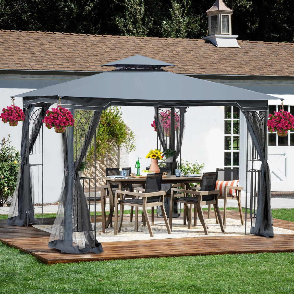 Patio Gazebo Tent with Double Roof and Mosquito Net - Dark Gray or Dark Brown