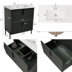 Bathroom Vanity With Ceramic Sink and Fluted Design - Dark Green, White, Light Brown