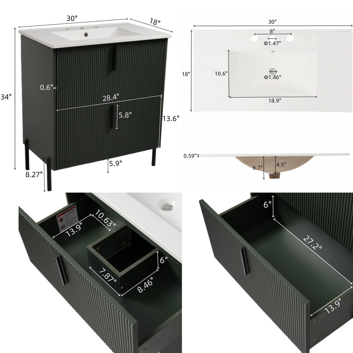 Bathroom Vanity With Ceramic Sink and Fluted Design - Dark Green, White, Light Brown
