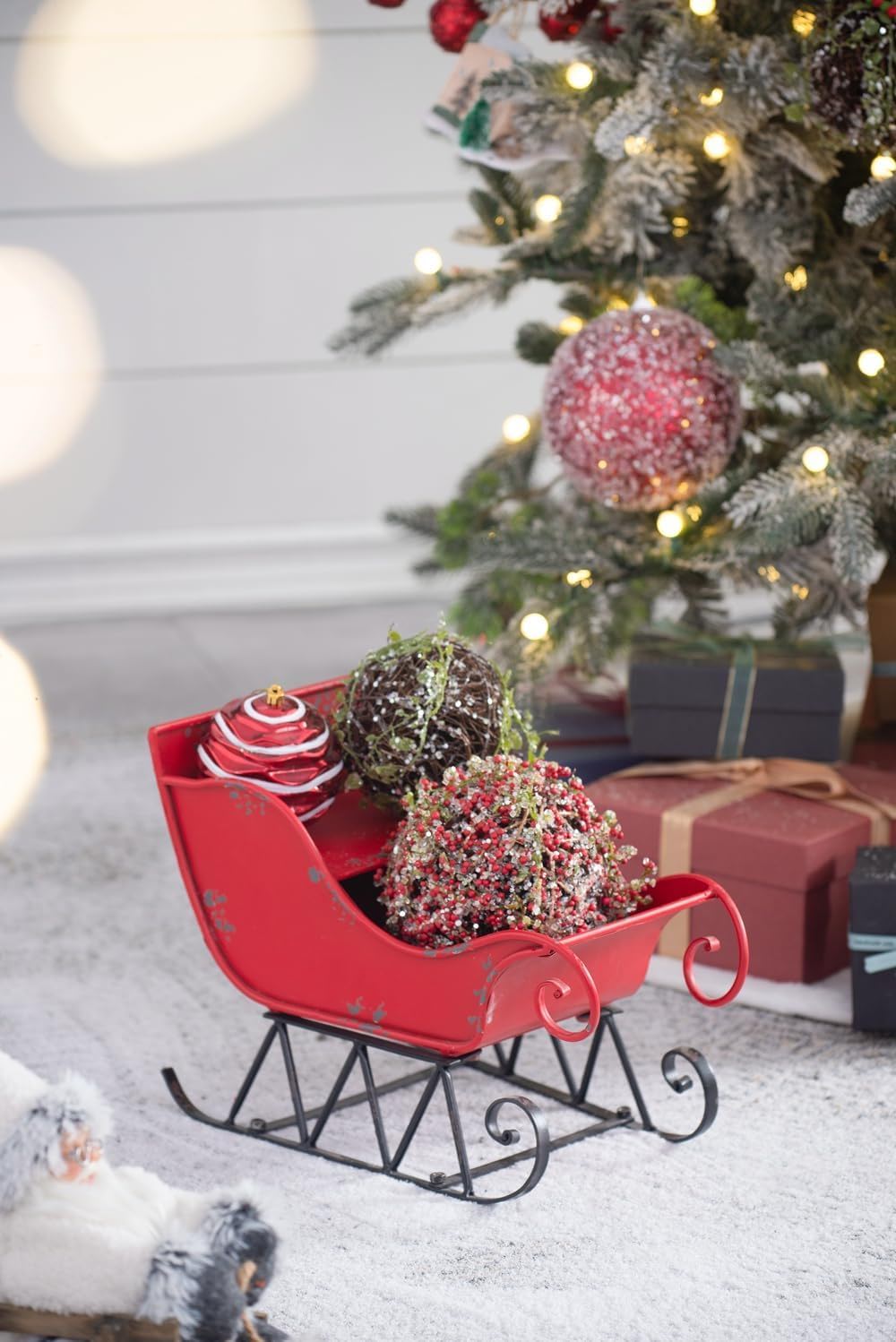 Red Iron Christmas Santa Sleigh Decoration with Durable Iron Construction