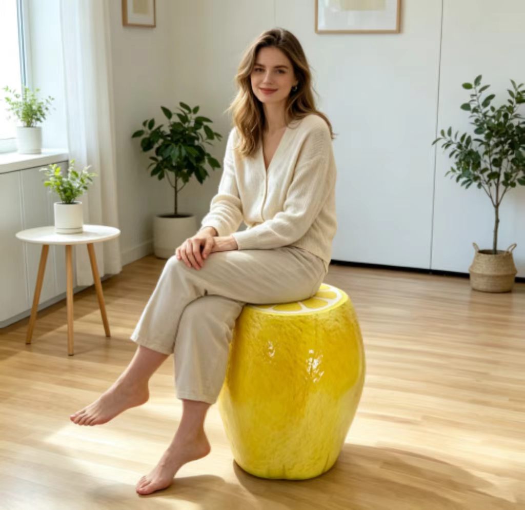 Yellow Lemon Fruit Stool with Playful Resin Design - Yellow