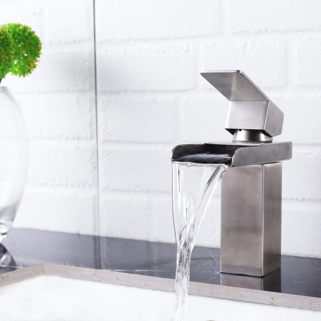 Single Handle Bathroom Faucet with Waterfall Design - Brushed Nickel
