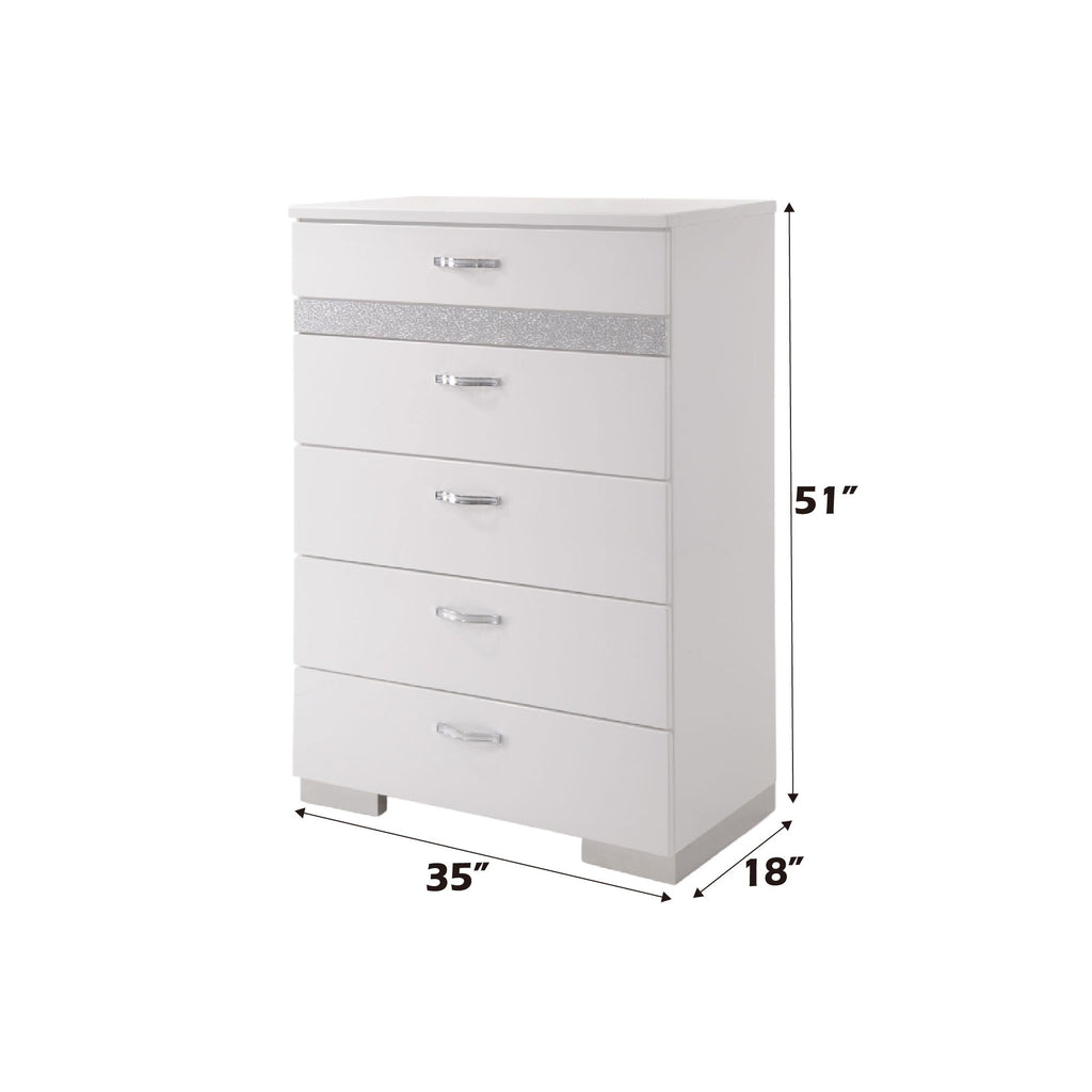 High Gloss White Accent Chest with Five Drawers - Modern Bedroom Storage