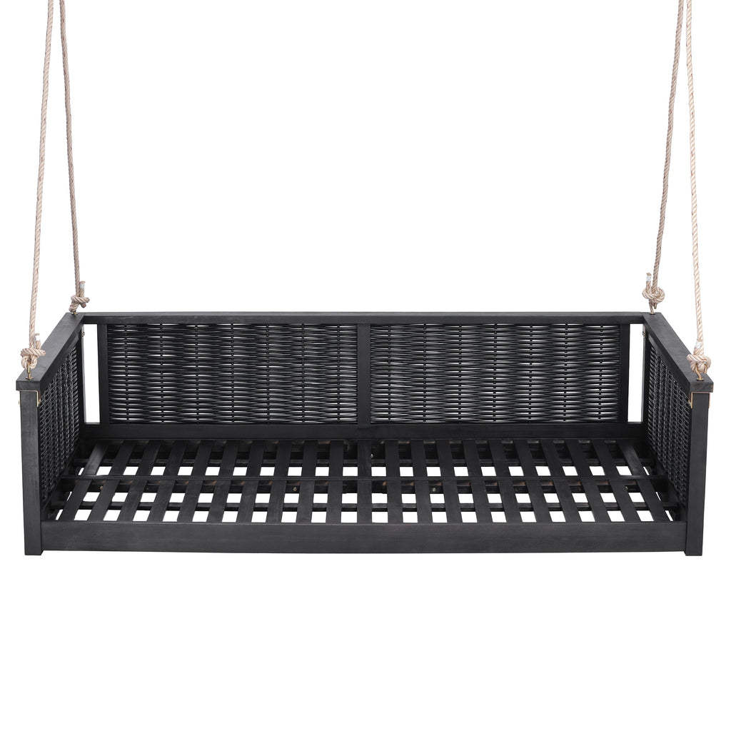 Solid Wood Twin Size Swing Bed with Handwoven Rattan - Natural Wood