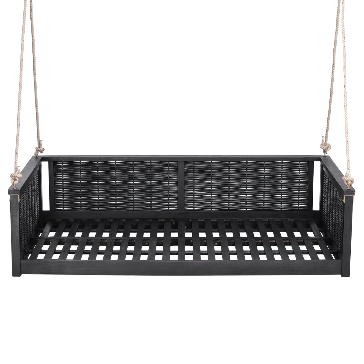 Solid Wood Twin Size Swing Bed with Handwoven Rattan - Natural Wood