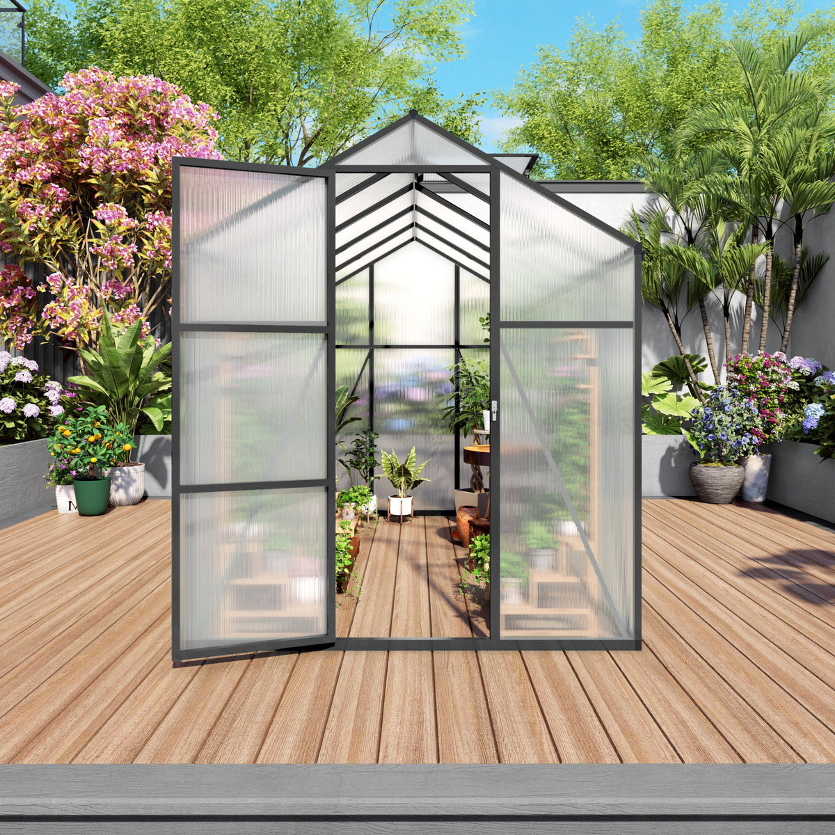 Windproof Greenhouse with Raised Base - Polycarbonate Panels - Black