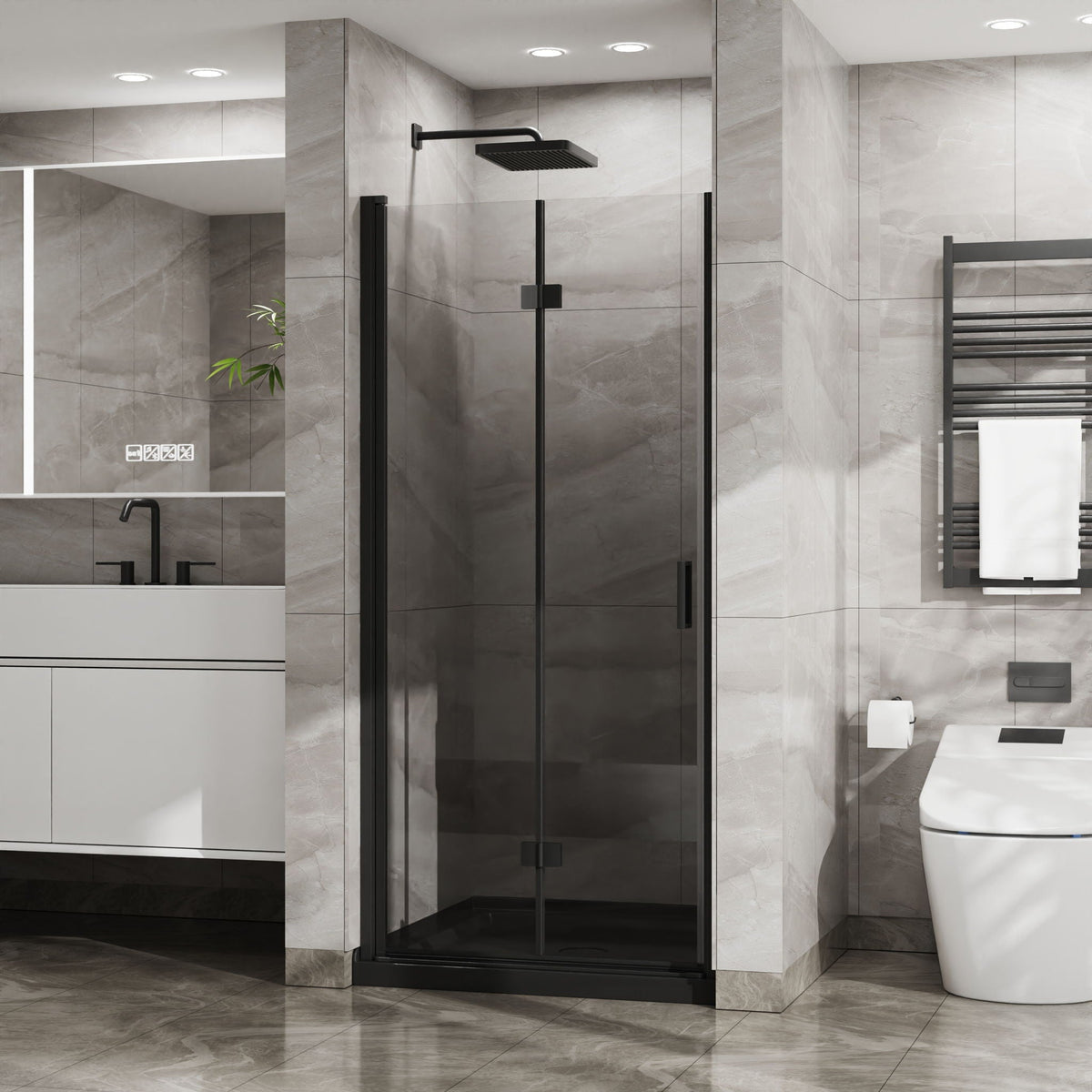 Frameless Glass Shower Door Bifold with Zinc Alloy Handle - Pearl Silver or Black
