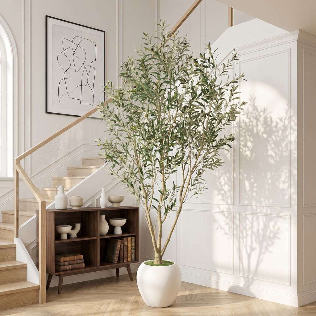 8FT Artificial Olive Tree with Decorative White Planter - Green Leaves