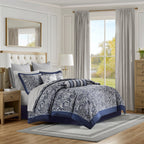 Navy 12 Piece Comforter Set with Cotton Bed Sheets - Queen, Paisley Jacquard