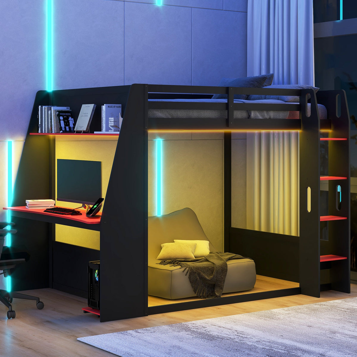 Full Size Wooden Gaming Bunk Bed with Desk and LED Light - Black/Red