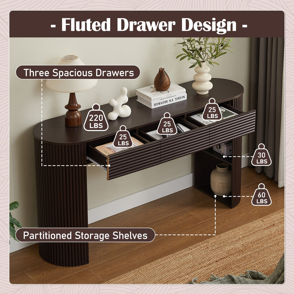 Retro Console Table with Storage and 3 Drawers - Espresso or Natural