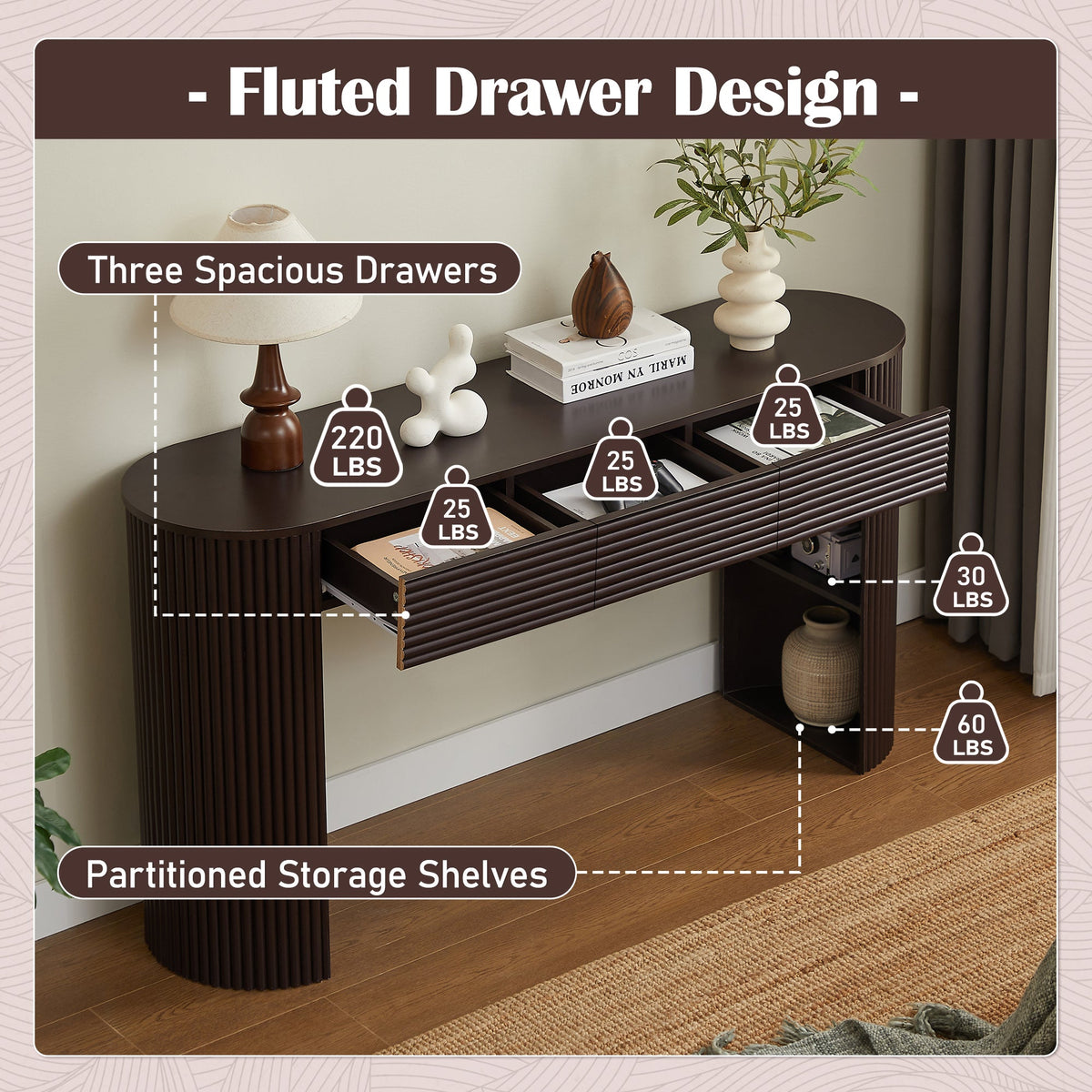 Retro Console Table with Storage and 3 Drawers - Espresso or Natural