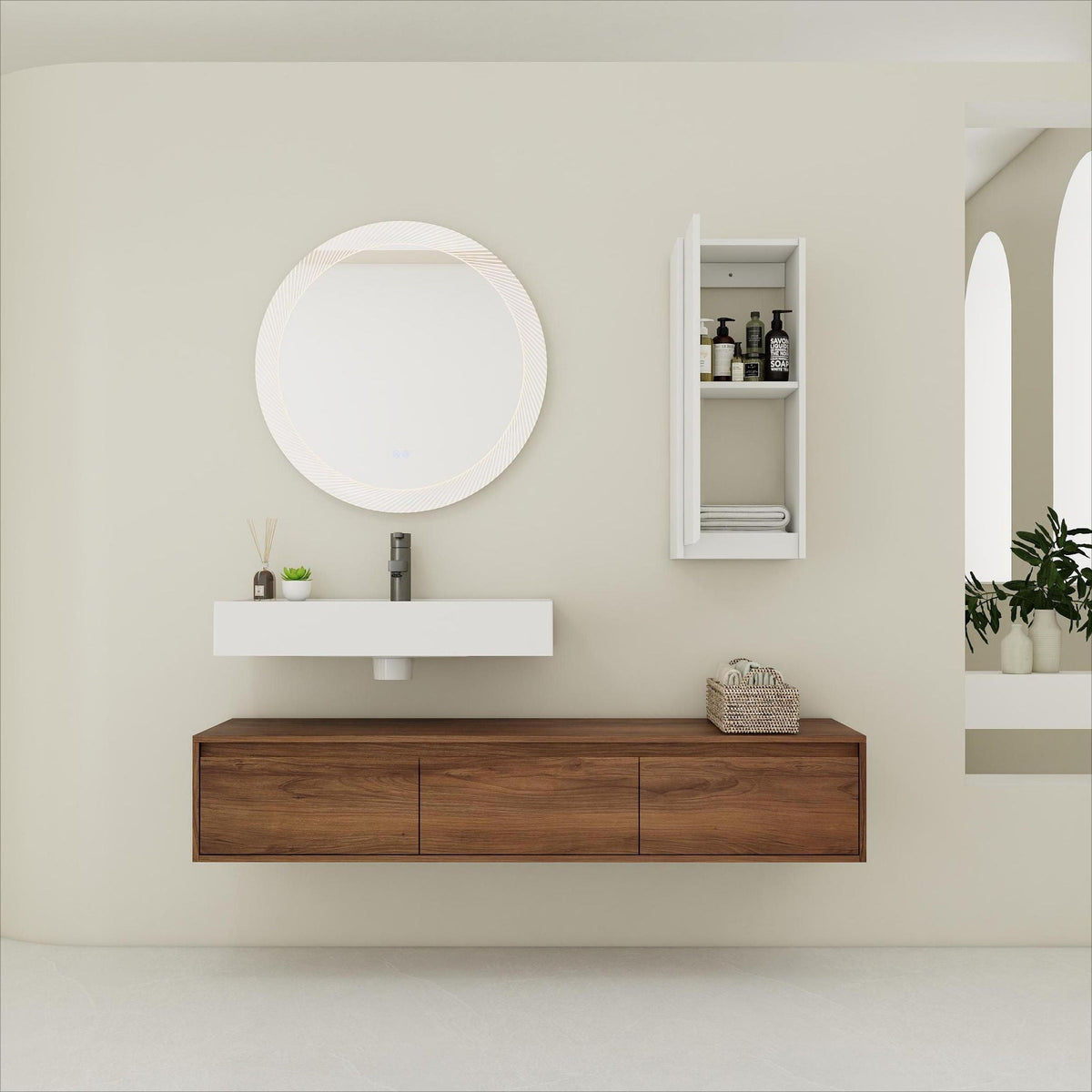 Modern Wall Mounted Bathroom Vanity with Resin Sink and Side Cabinet - Brown Ebony