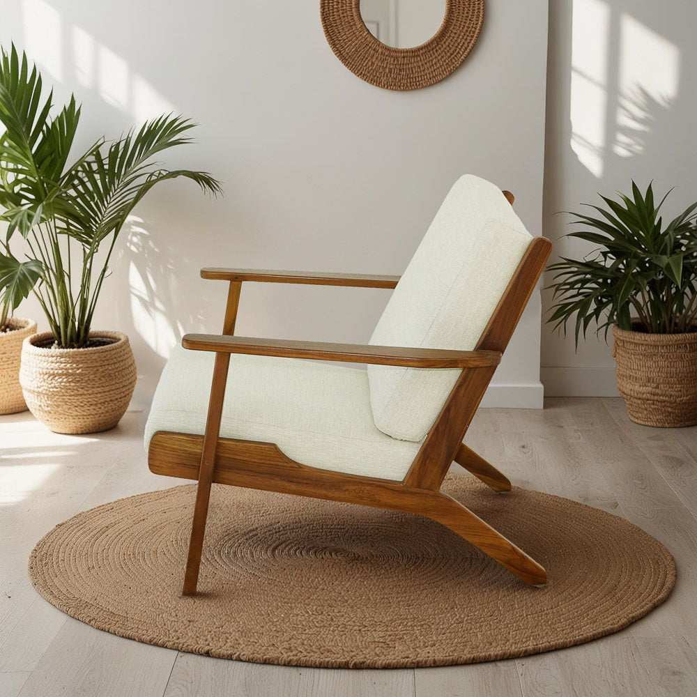 Genuine Lounge Chair with Solid Wood Frame - Beige, Green, Light Blue