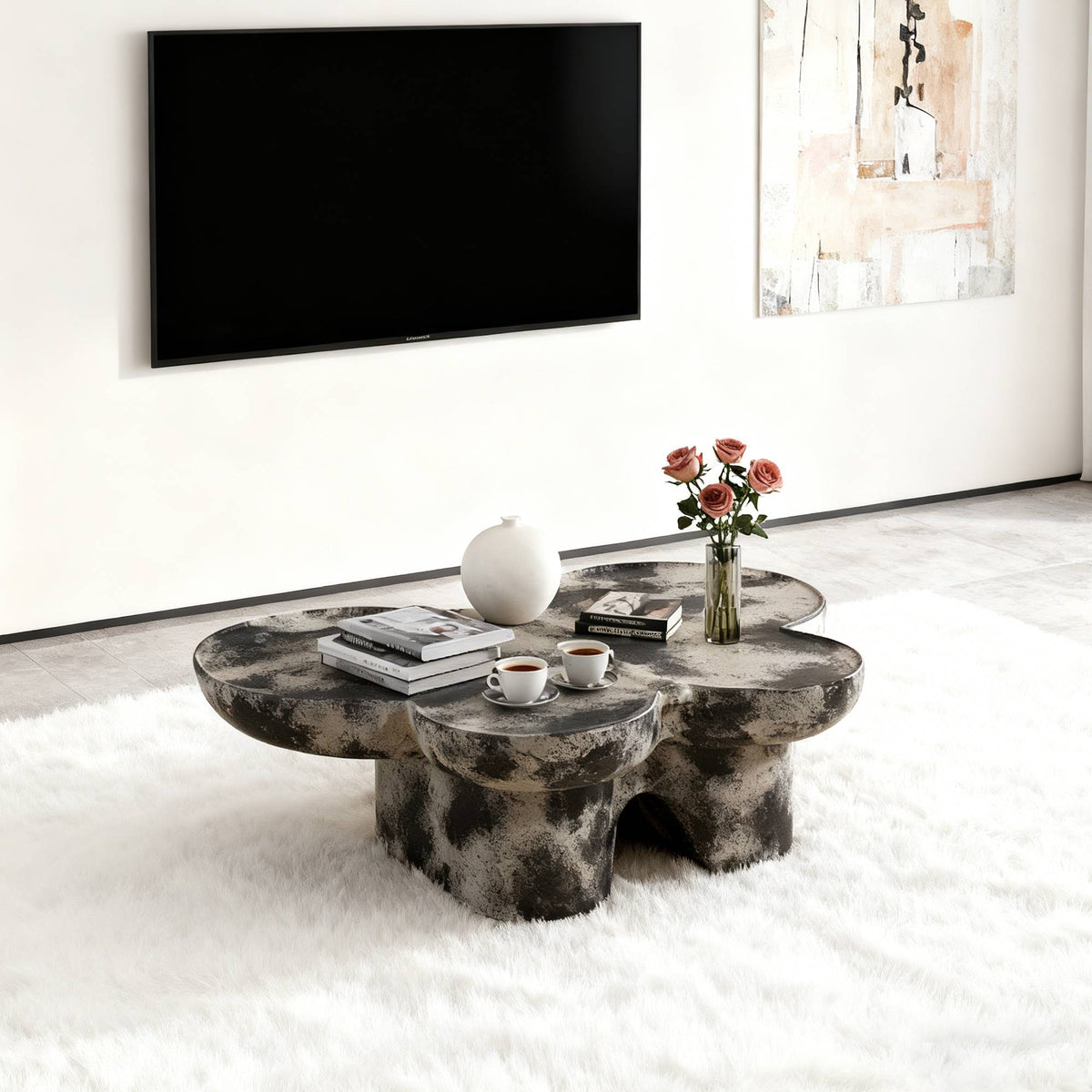 Butterfly Design Coffee Table with Modern Fiberglass Construction - Light Gray and Black