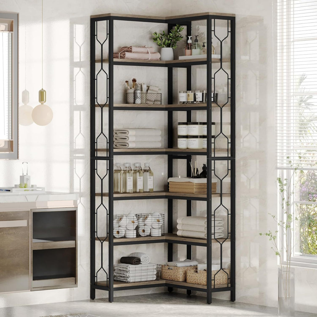 7 Tier Corner Bookshelf with Hexagonal Design - Dark Brown, White, Dark Gray