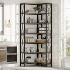 7 Tier Corner Bookshelf with Hexagonal Design - Dark Brown, White, Dark Gray