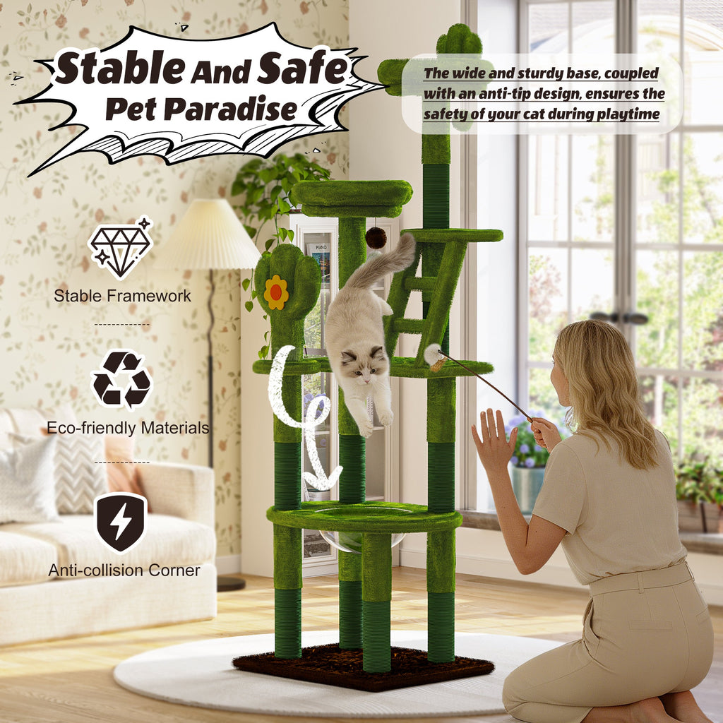 72in Cactus Cat Tree Tower with Transparent Capsule - Green