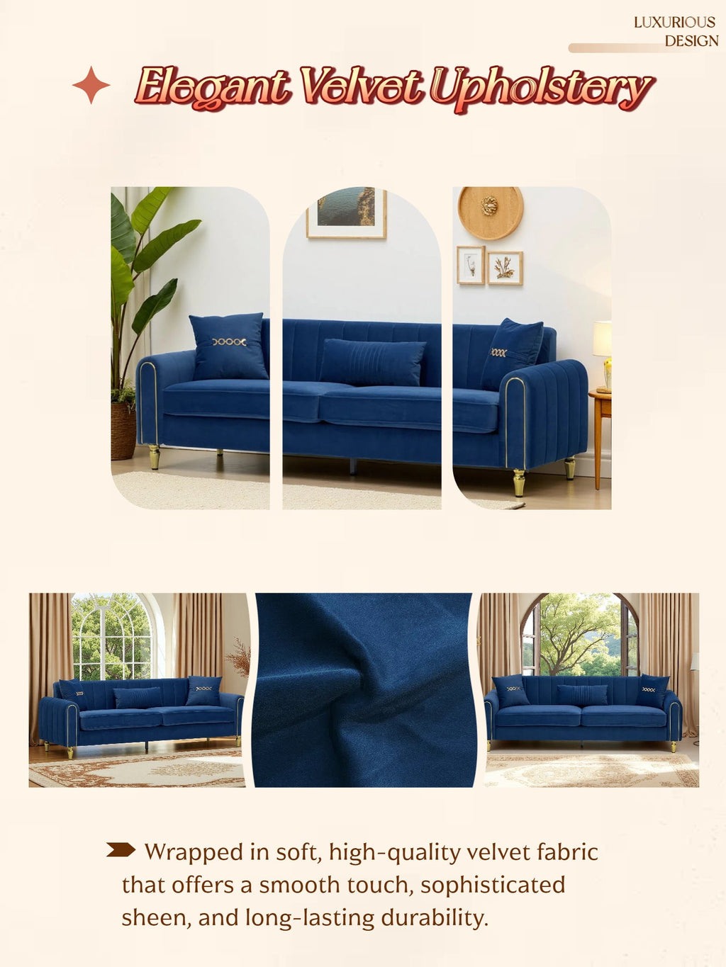 Upholstered 3-Seater Sofa with Metal Legs and Throw Pillows - 87.4 Inches